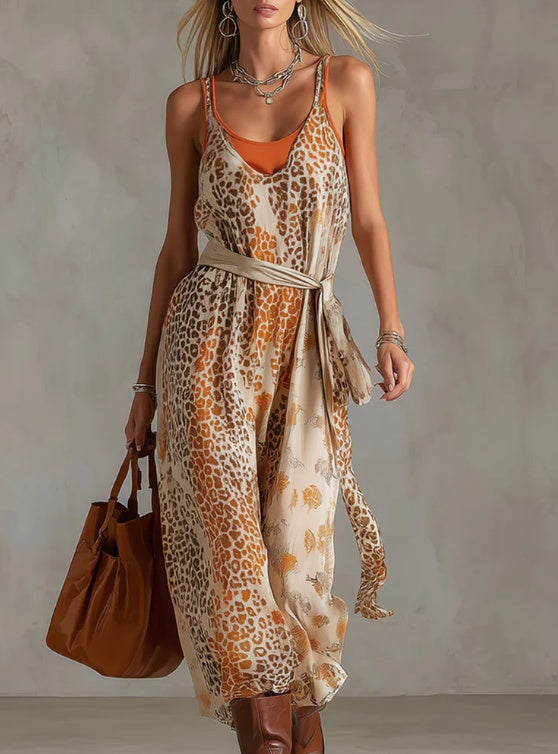 2026 New Leopard Print Suspender Waist Cinching Long Dress NorixaFashion.com