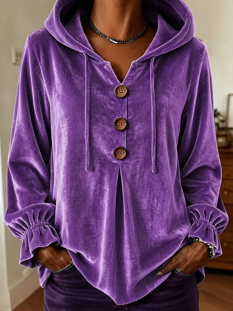 Annuo  2026 Women Casual Button Drawstring Hoodie, European American Style Long Sleeve Top NorixaFashion.com
