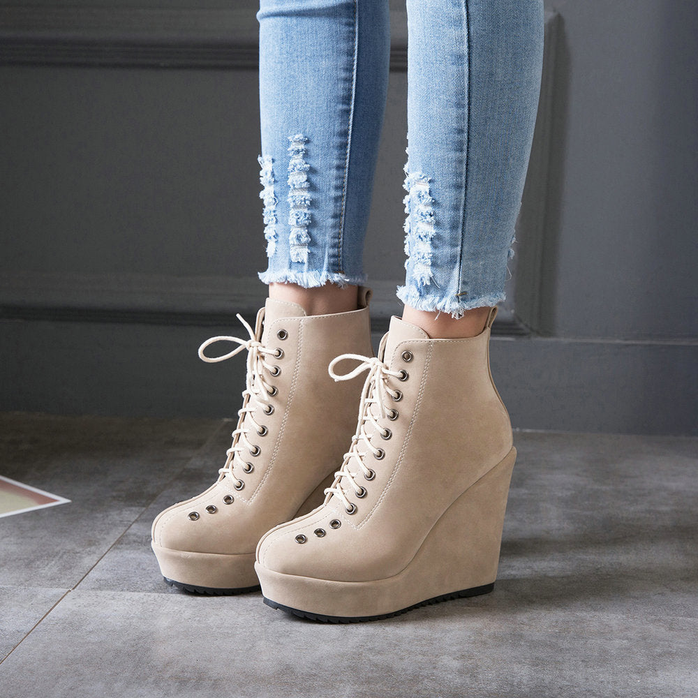 High-heeled Sponge Cake Was Thin Suede Lace-up Martin Boots Women LadyShow.Store