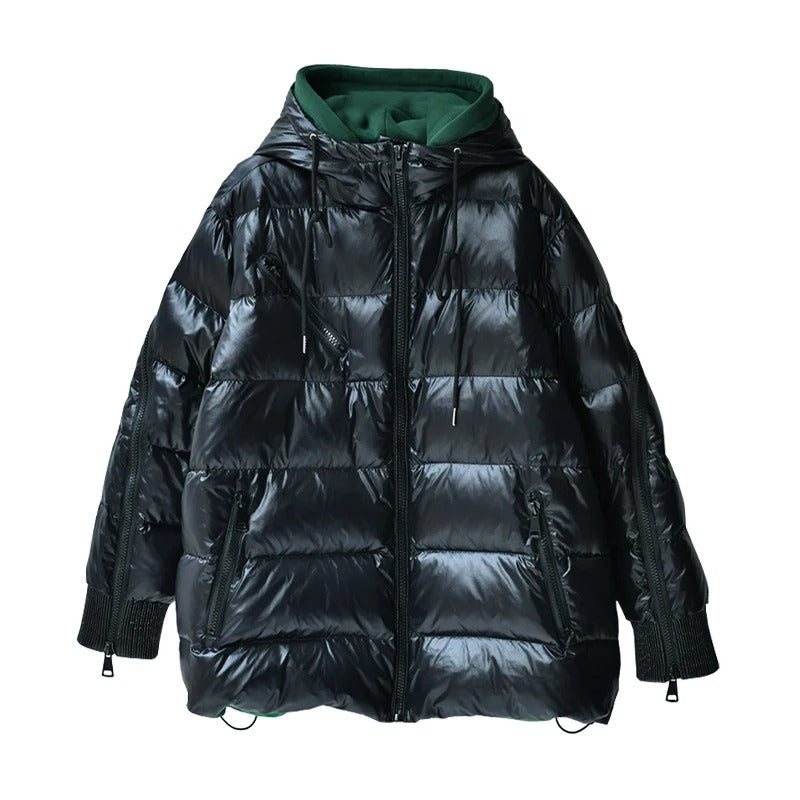 Contrast Stitching Fake Two-piece Loose And Thickened Bright Hooded Down Jacket Best YouTube Store