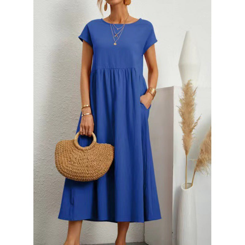 2026 New European And American Women's Round Neck Solid Color Pullover Comfortable Casual Dress NorixaFashion.com