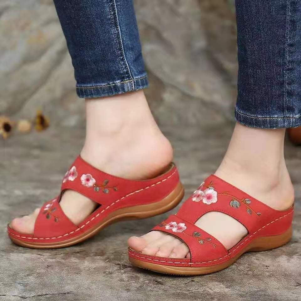 Wedge Heel Retro Stitched Embroidered Ethnic Style Women's Platform Slippers LadyShow.Store