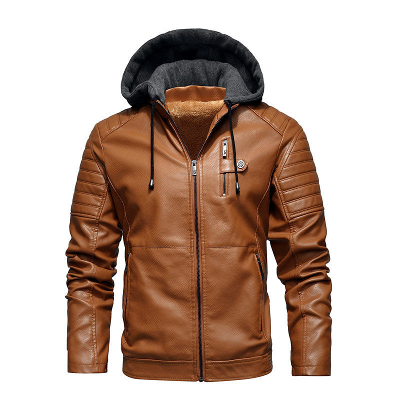 2026 Autumn And Winter New Men's Leather Jacket, Youth Men's Coat, Fleece-Lined Hooded Leather Jacket, Men's Jacket, Factory Ready Stock NorixaFashion.com