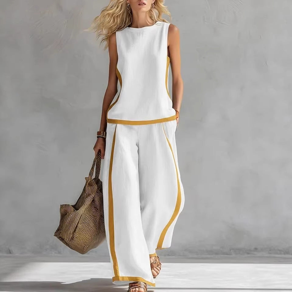 Summer Suits Round-neck Sleeveless Vest Top And High-waist Wide-leg Pants Casual Loose Set NorixaFashion.com
