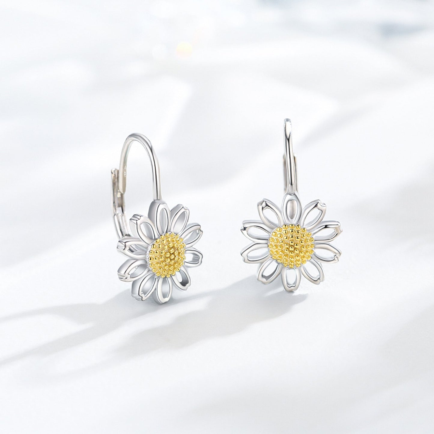 Daisy Leverback Hoop Earrings in White Gold Plated Sterling Silver LadyShow.Store