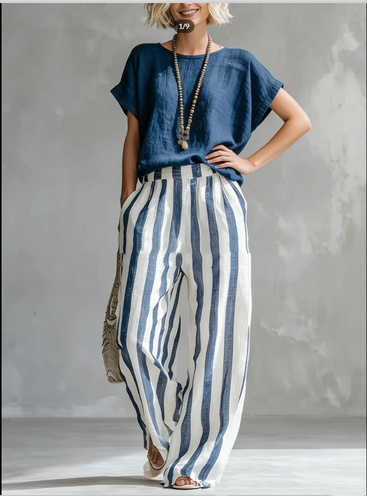 Short-sleeved Trousers Suit Summer Fashion Round Neck Pullover T-Shirt And Striped Print Straight Leg Pants Two-Piece Clothing For Women LadyShow.Store