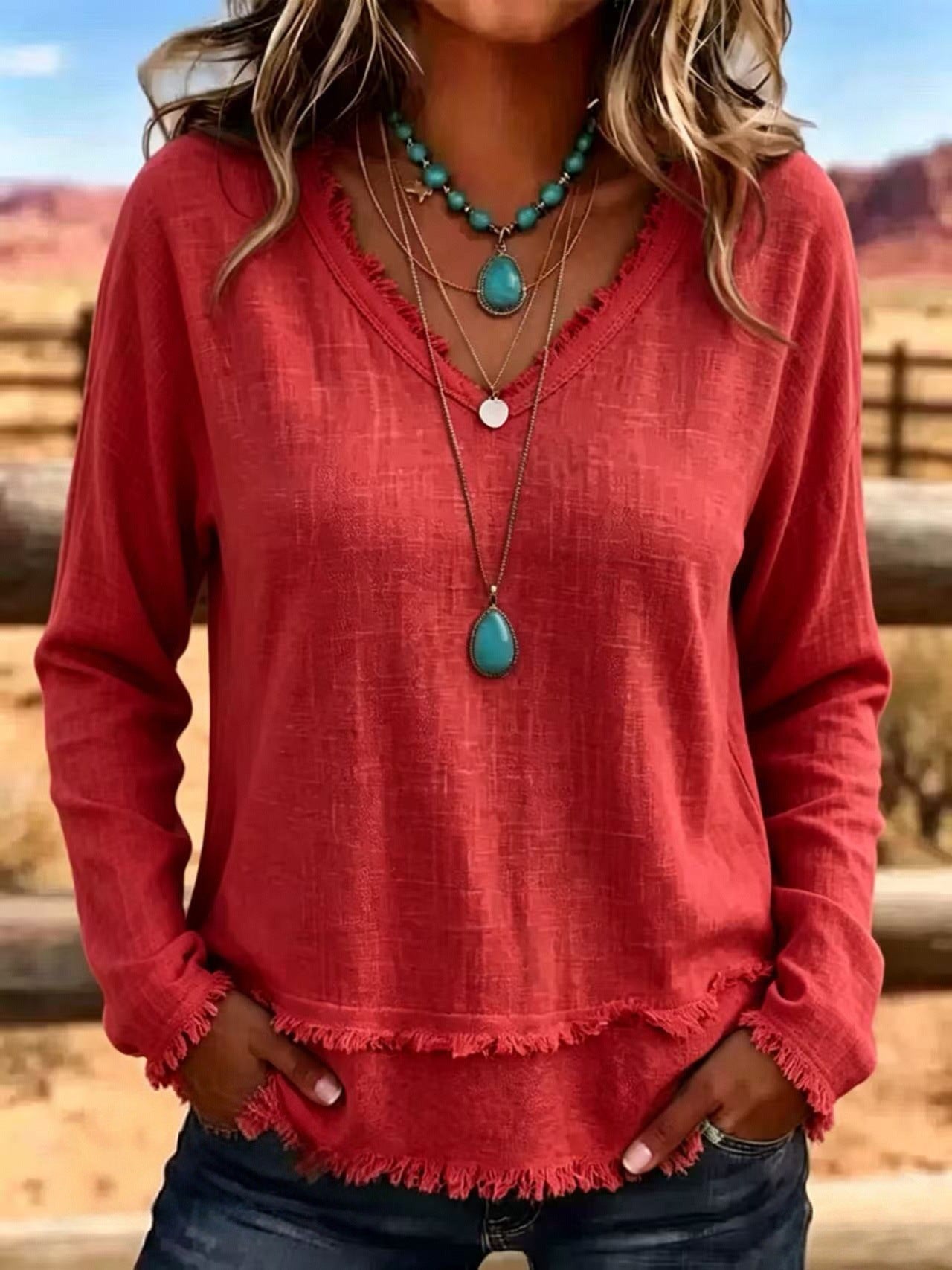 V-Neck Long Sleeve T-Shirt With Tassel Women's Loose Fit Casual Top For Daily Wear Clothing NorixaFashion.com
