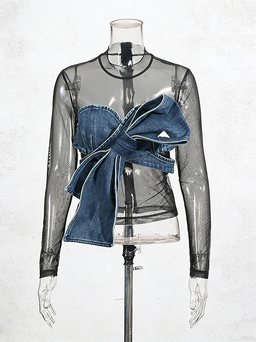 Denim Bow Mesh Overlay Top NorixaFashion.com
