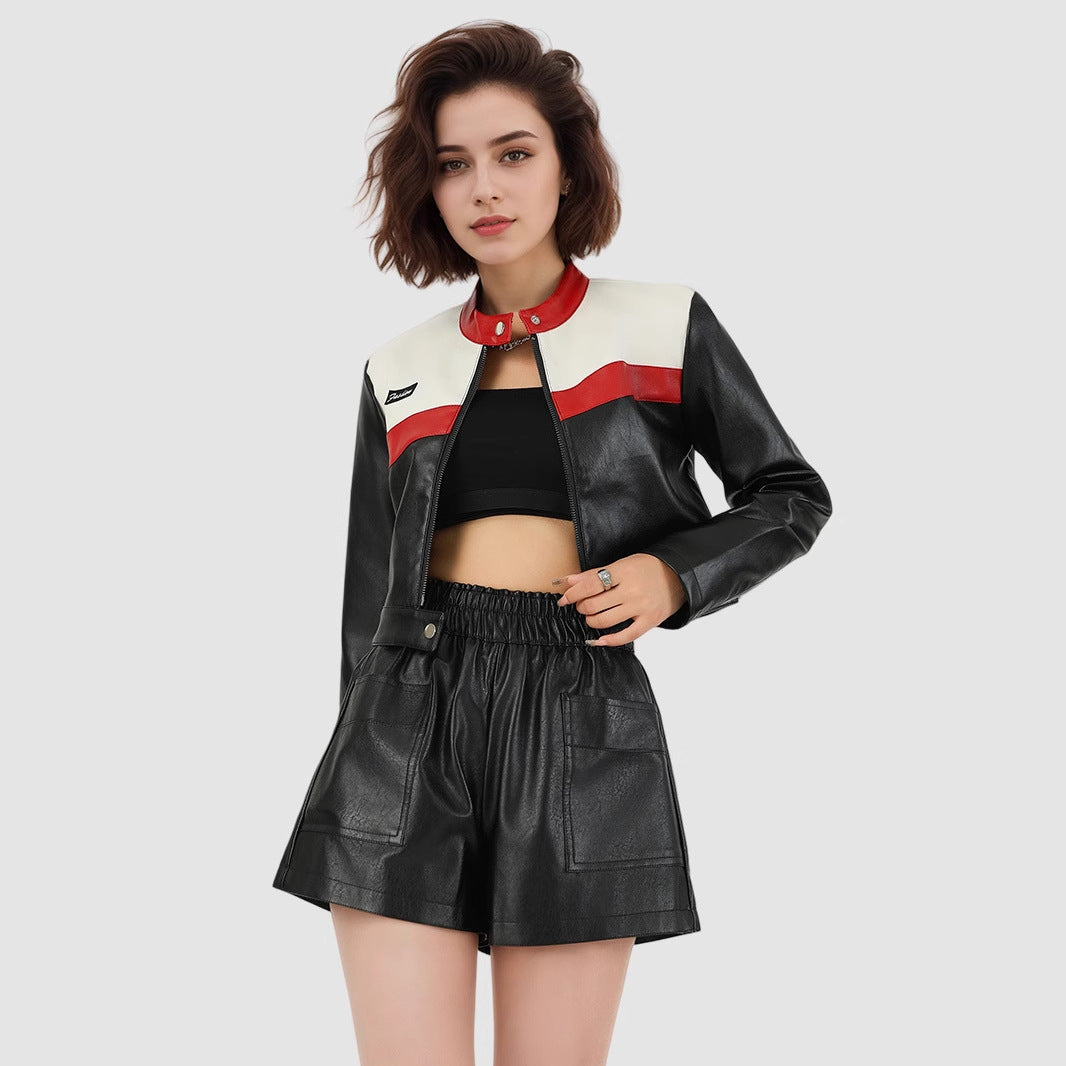 New Color Contrast Patchwork Motorcycle Clothing Pilot Jacket Short Version Coat LadyShow.Store