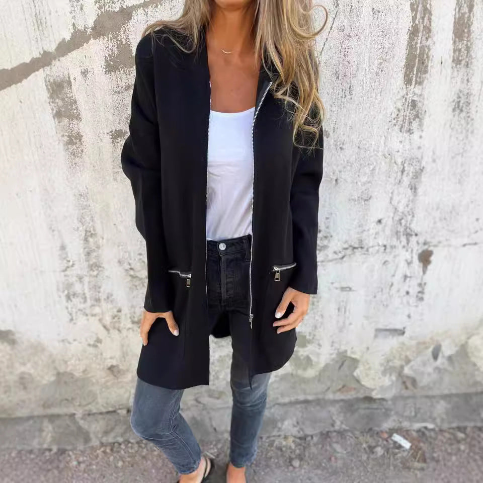 Zip-up Hooded Cardigan Coat Fashion Solid Color Pocket Jacket Fall And Winter Women's Coat Clothing NorixaFashion.com
