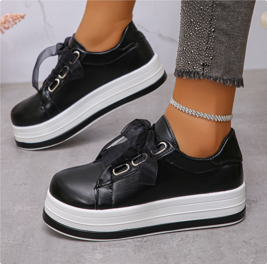 Single Large Size Casual European And American Lace-up Flat Round Toe Platform Women's Shoes CJD