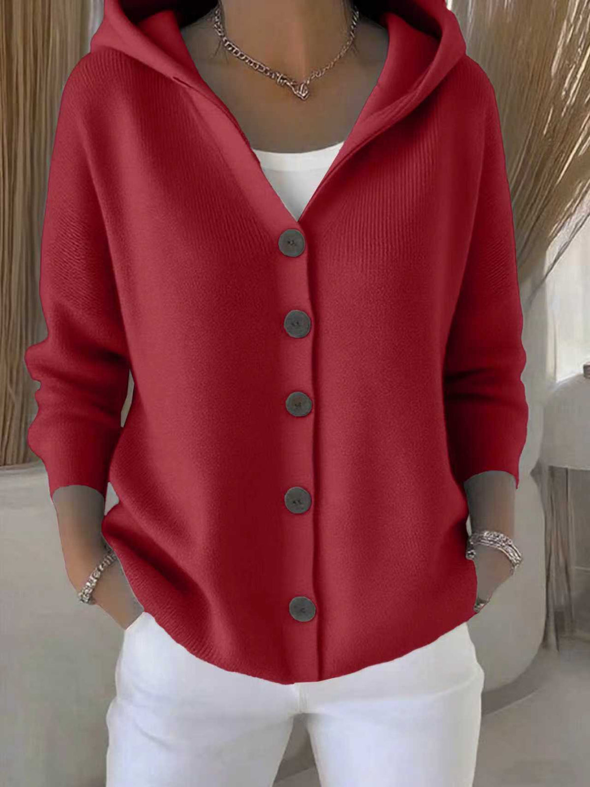 Ins Button Hooded Sweater Fashion Autumn And Winter Knitted Cardigan Casual Commuter Long Sleeve Top Women's Clothing NorixaFashion.com