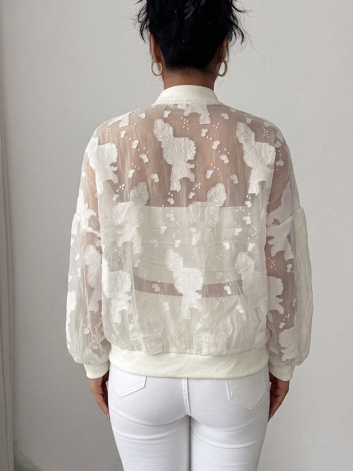 European And American Cross-border 2026 Autumn New Jacquard Jacket Semi-transparent Loose Zipper Rib Collar Cuff Jacket NorixaFashion.com