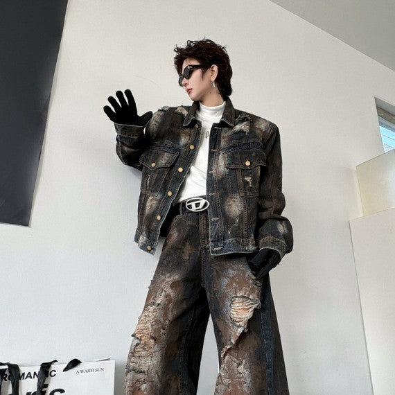 Old Cowboy Jacket and Ripped Denim Trousers Set Pi-Mart
