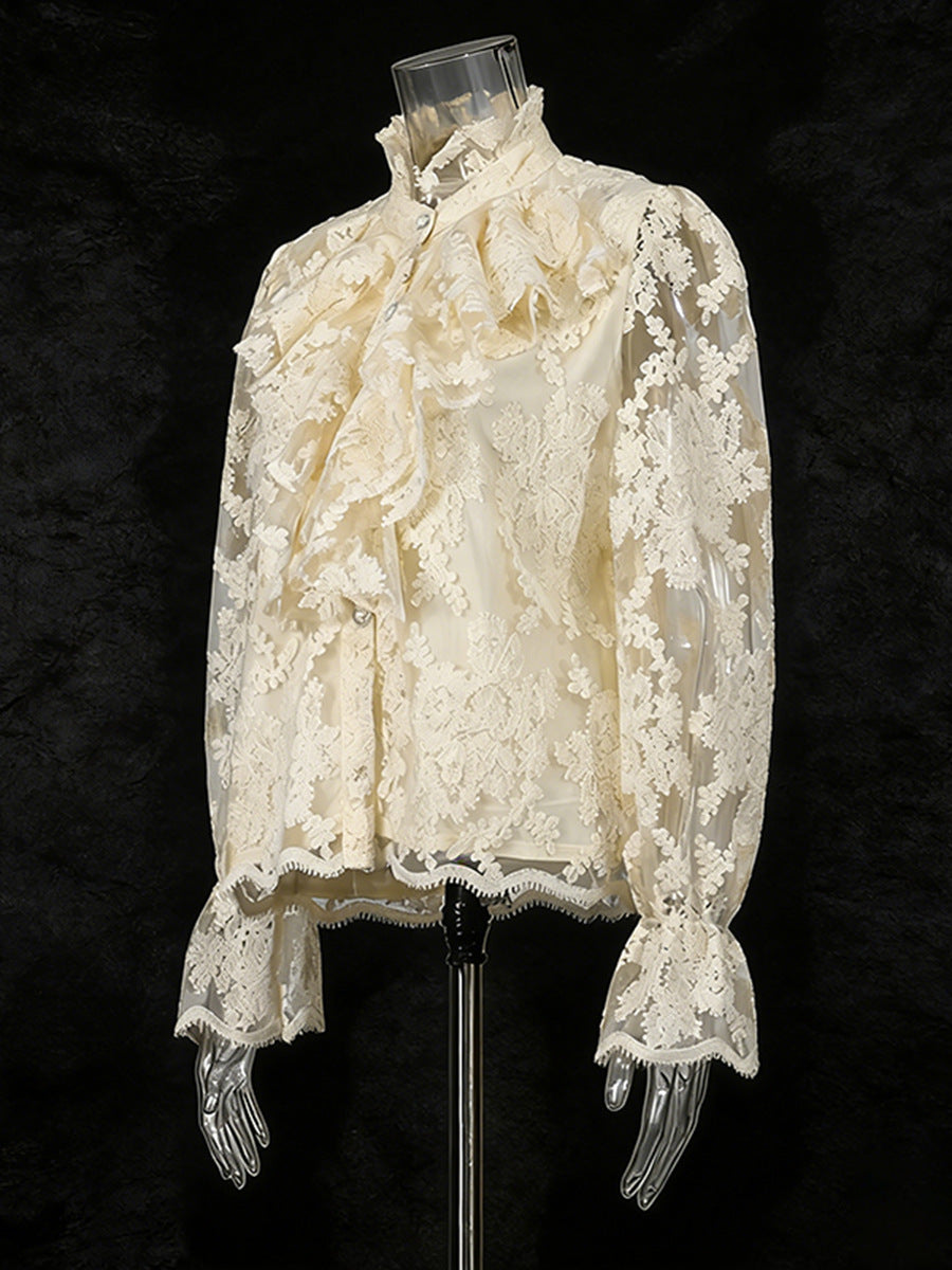 Retro 3D Floral Lace Long-Sleeved Shirt NorixaFashion.com