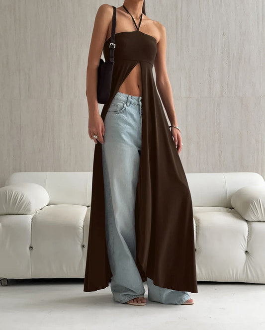 Halter-neck Sleeveless Strapless High Slit Dress NorixaFashion.com