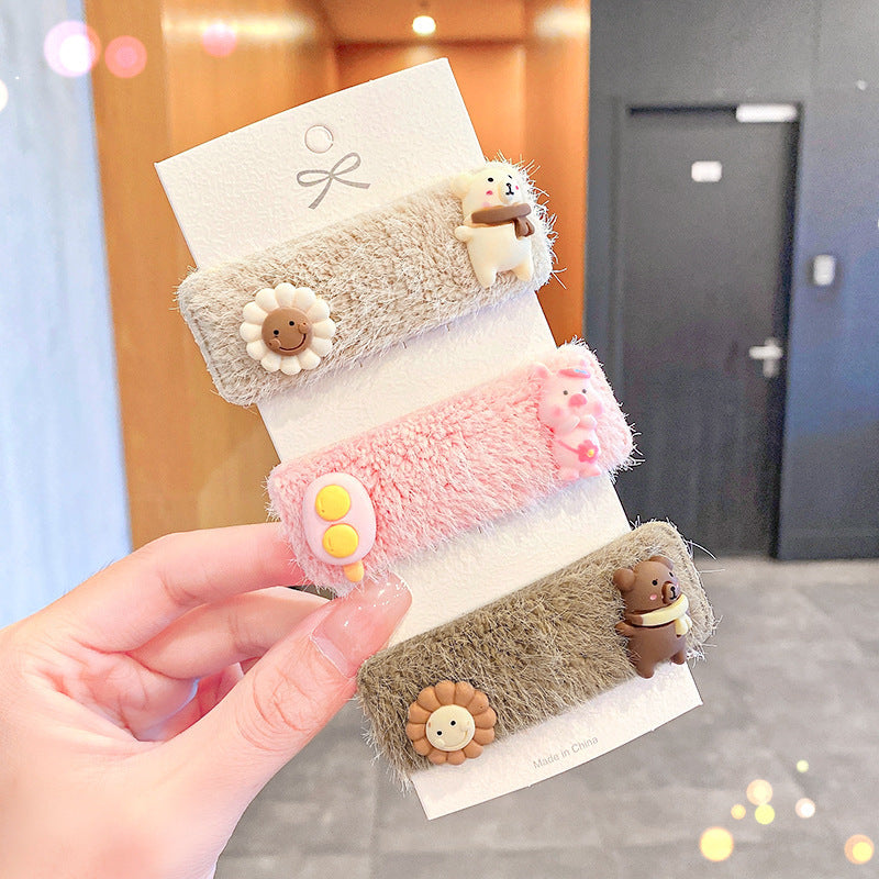 Children Cartoon Plush Bear Hairpin 3 Sets