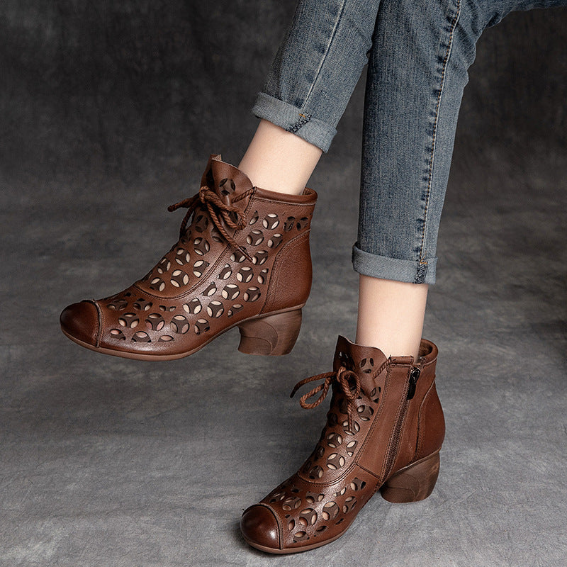 Comfortable Leather Women's Shoes Round Toe Mid Heel Chunky Heel Lace Up Sandals LadyShow.Store