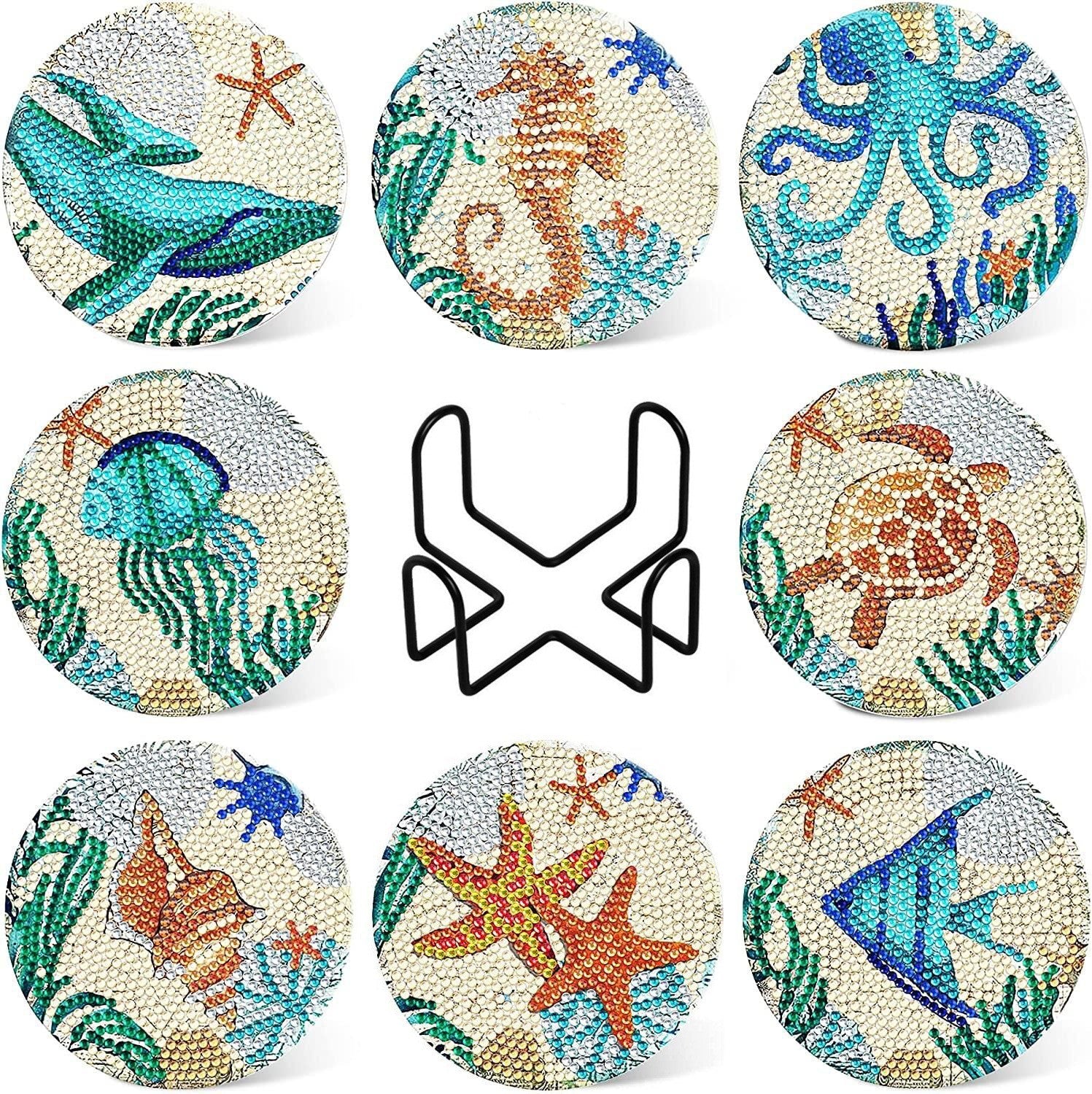 Ocean Series Diamond Painting Coaster Set Rhinestones Wooden Table Placemat With Rack For Home Decor Kitchen Accessories PearlNestDecor.com