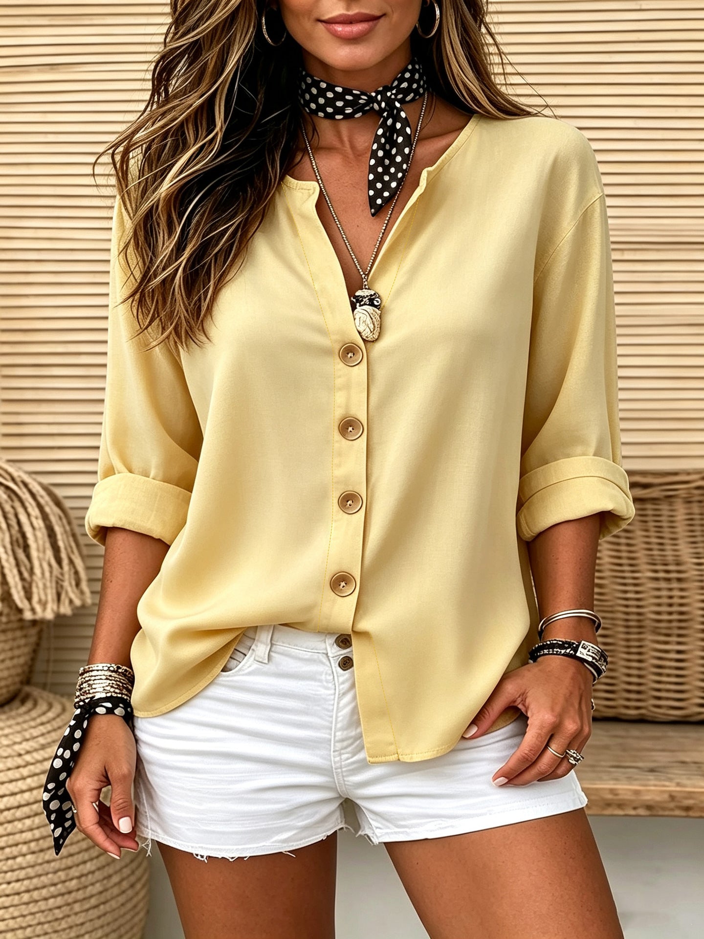 Womens V-neck Cotton-Linen Button-Down T-shirt Top NorixaFashion.com