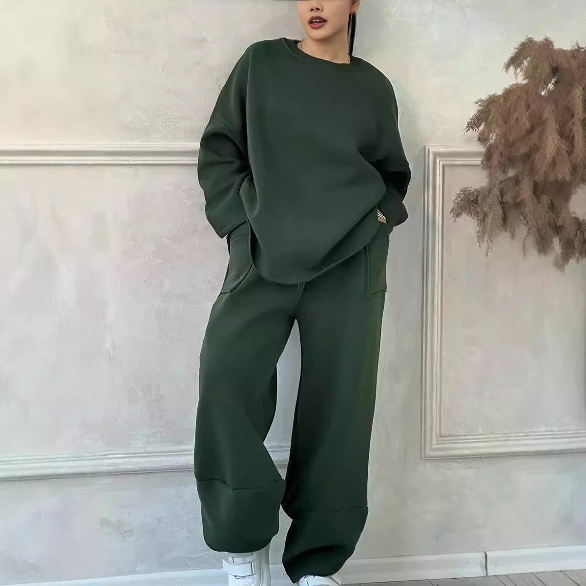 Women's Autumn And Winter Casual Loose Round Neck Long-sleeved Sweater Trousers Suit LadyShow.Store