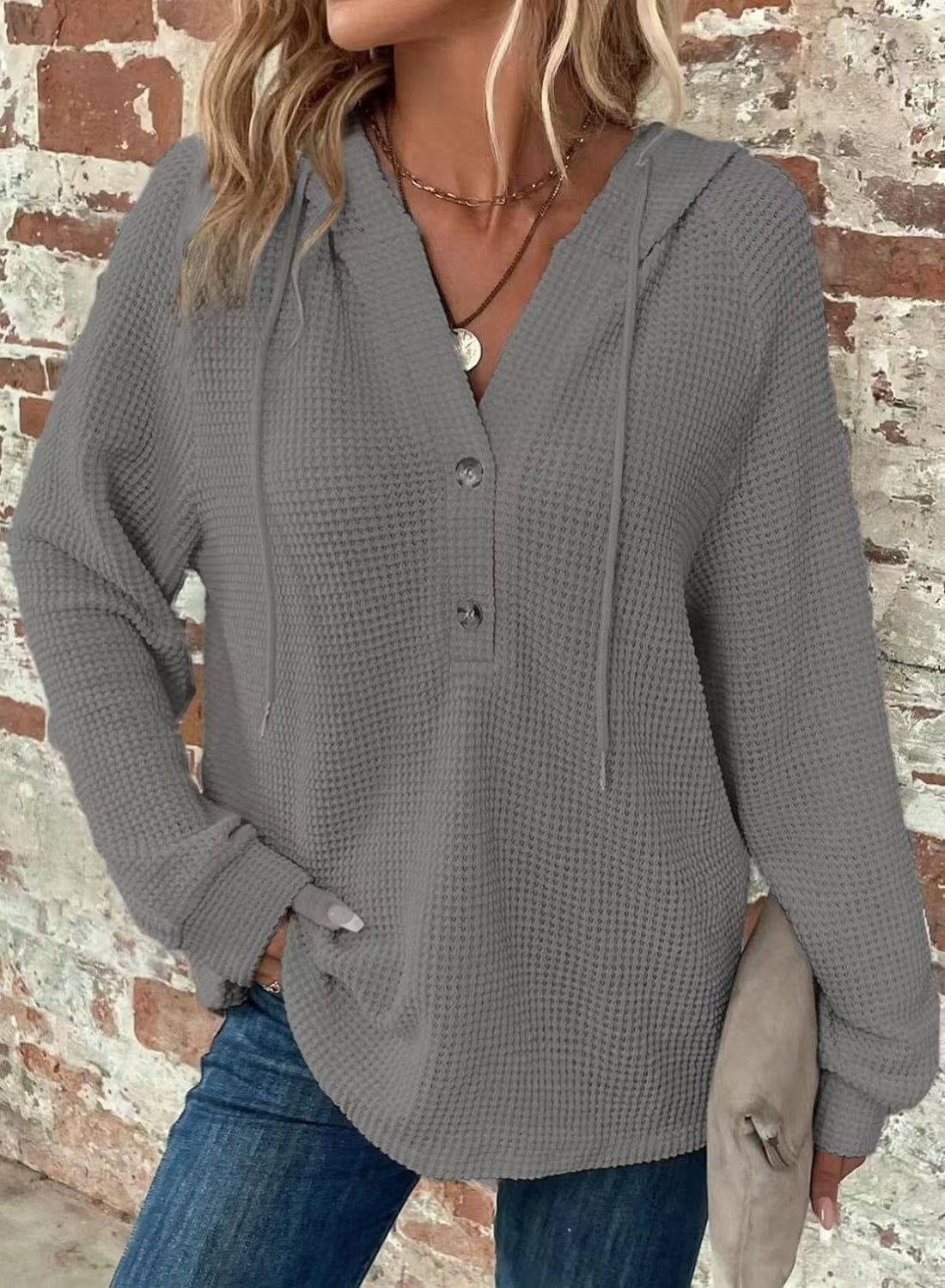 Waffle Hooded Sweater Sweatshirt Fashion Casual Long-sleeved Drawstring V-neck Buttons Top Women's Clothing NorixaFashion.com