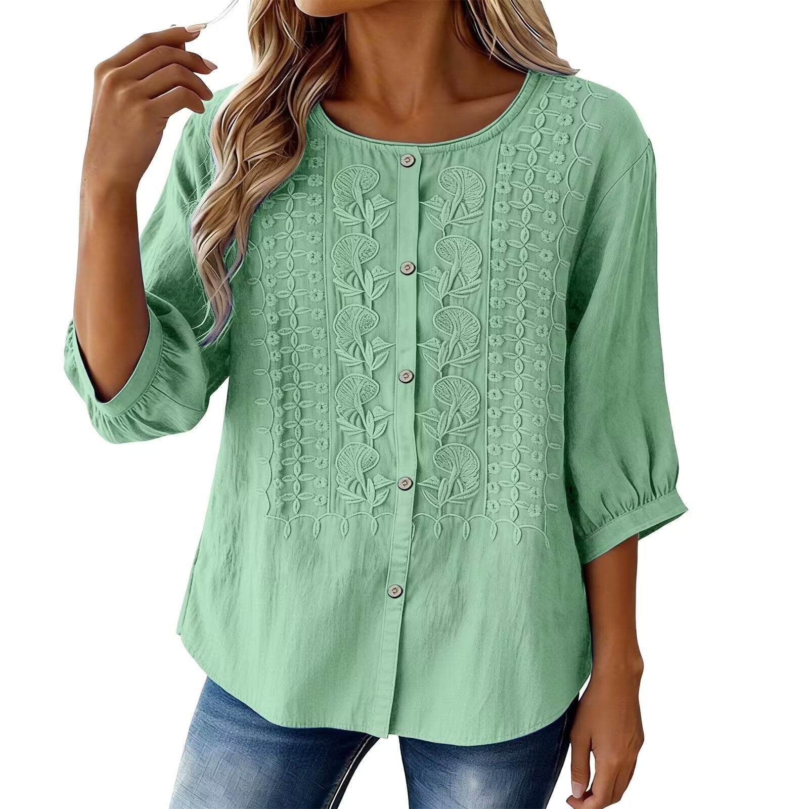 V-Neck Short Sleeve Cotton Linen Shirt, Heavy Embroidery Casual Blouse NorixaFashion.com