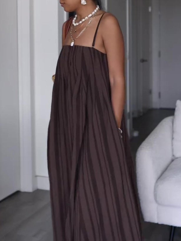 Brown Striped Suspender Pocket Loose Dress NorixaFashion.com