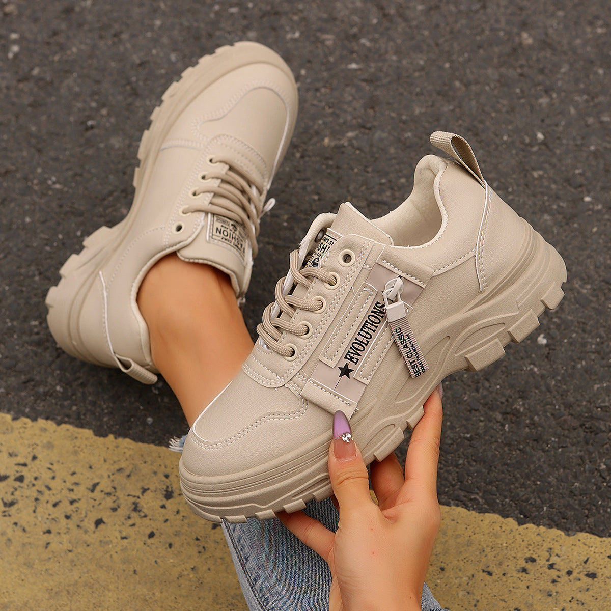 Lace-up Sports Shoes With Side-Zipper Design Fashion Thick-soled Round-toe Casual Shoes For Women Sneakers CJD