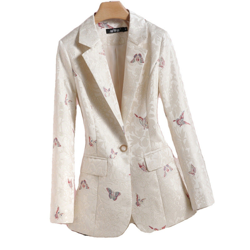 Women's Apricot Waist-tight Design National Style Printed Suit Jacket NorixaFashion.com