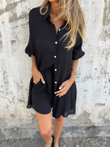 2pcs Loose Long-sleeved Shirt Suit With Lapel Button Tops And Elasticated Shorts Fashion Casual Clothing For Women NorixaFashion.com