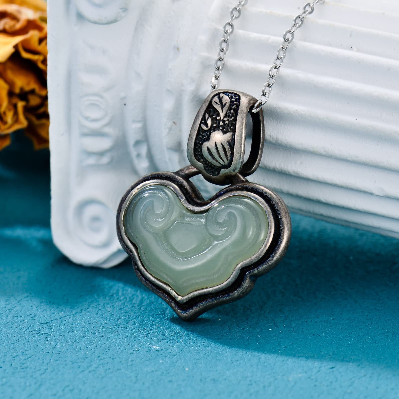 Vintage Heart Jade Pendant Necklace Sterling Silver Boho Antique Necklace Jewelry Gifts for Women Girls Wife Girlfriend Lover Her LadyShow.Store
