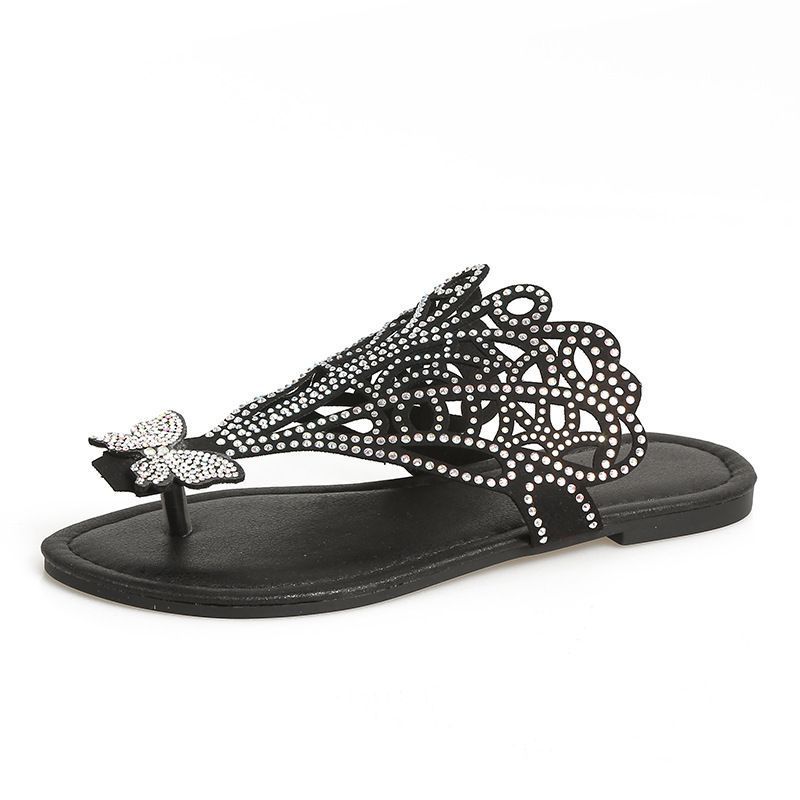 Slip-On Flip-Toe Sandals Women's Rhinestone Hollow Flat-Heeled Slippers
