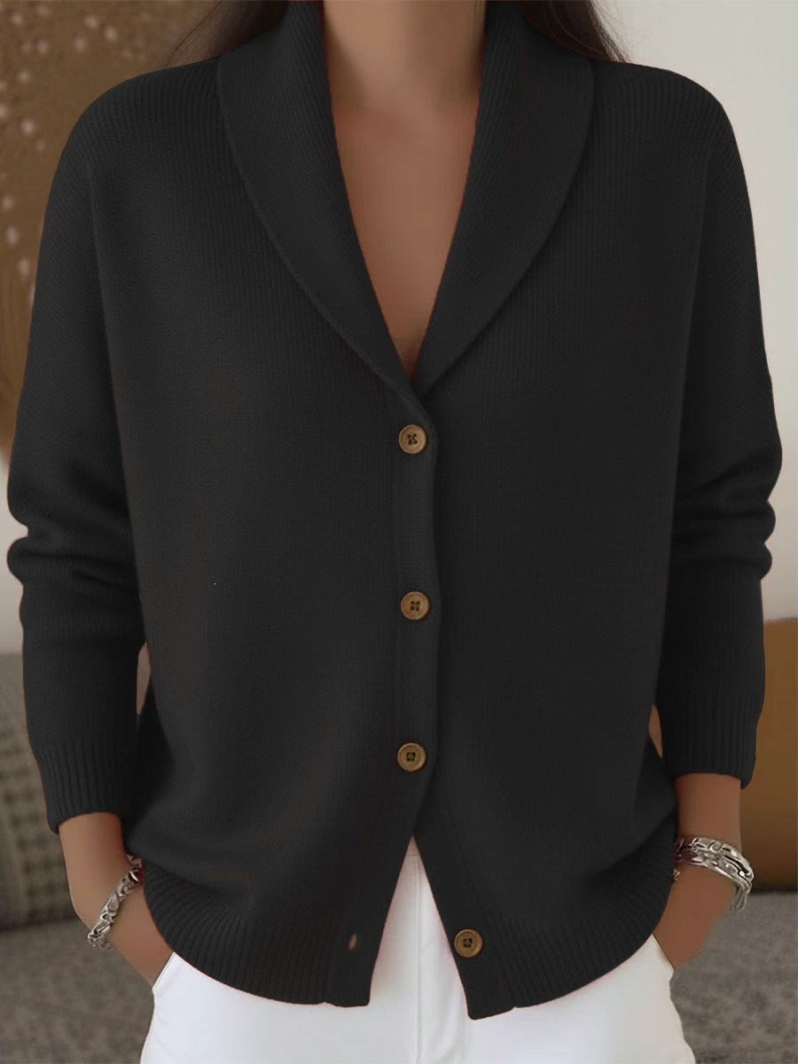 Womens Knitted Cardigan Loose-Fit Lazy Style Soft And Cozy Notch Lapel Solid Color Long-Sleeve Sweater NorixaFashion.com