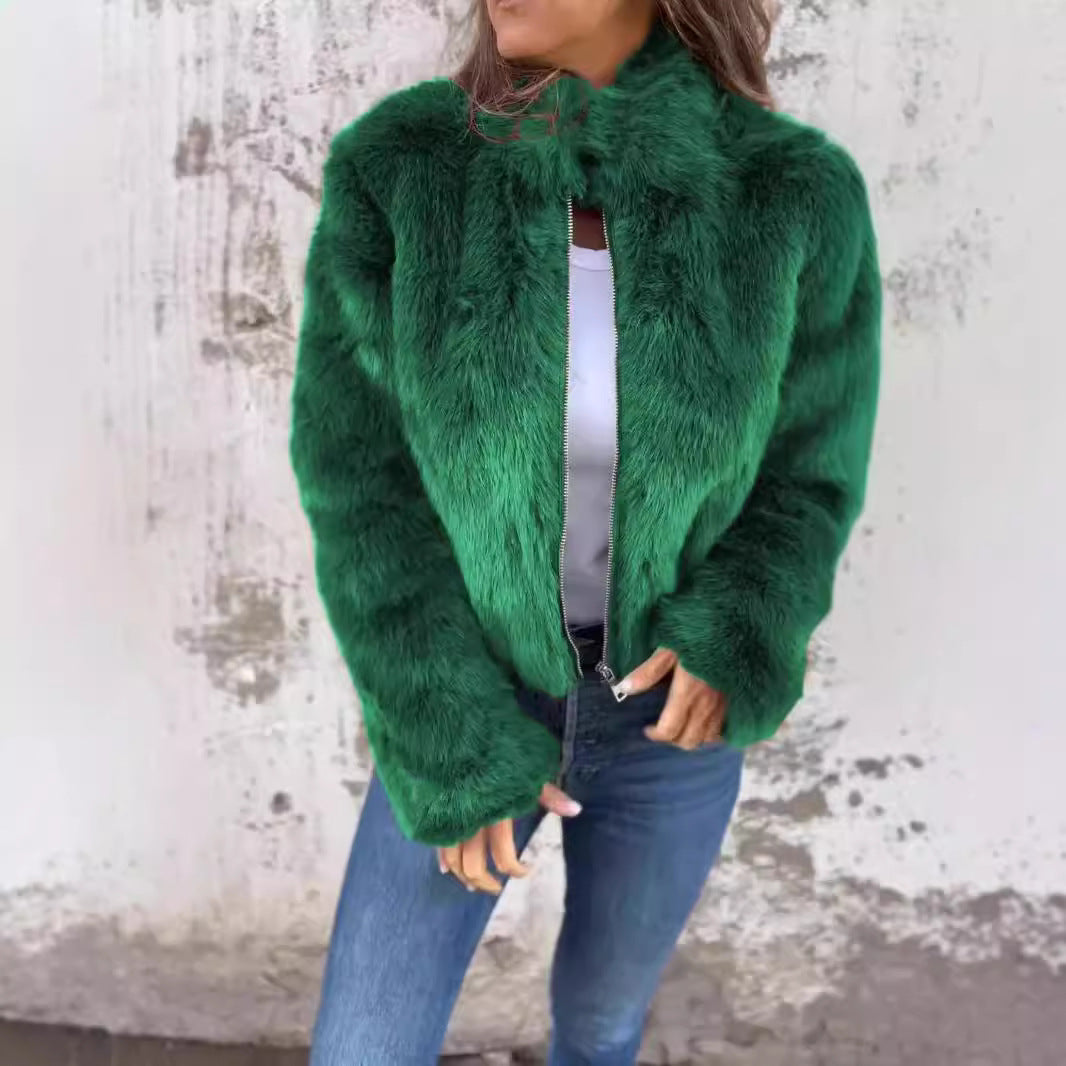 Fashion Stand Collar Plush Jacket Winter Casual Turtleneck Zipper Coat Fleece Tops Women's Clothing LuxuryLifeWay Online Store