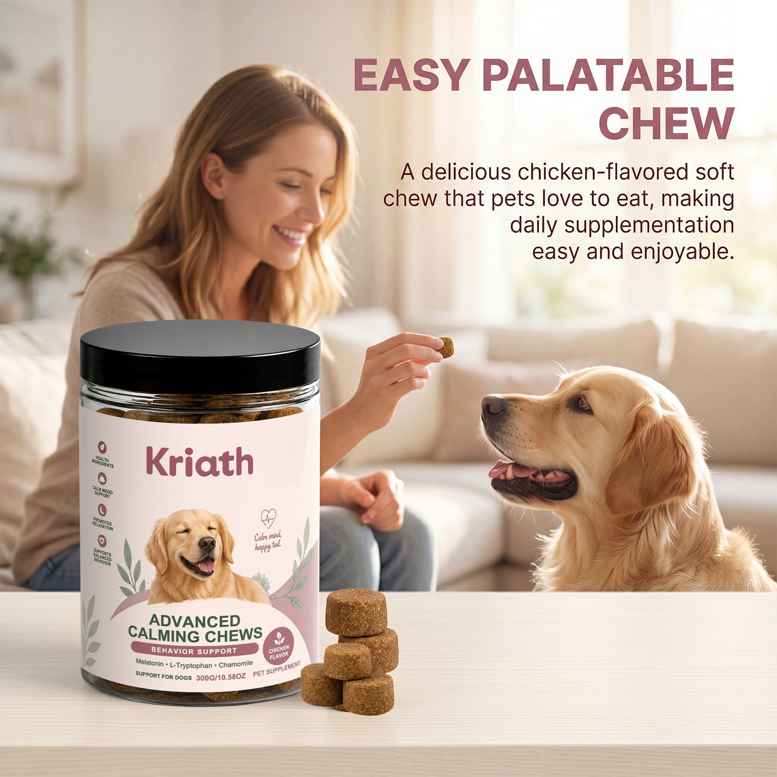 Kriath Dog Calming Chewable Tablets, Universal For Puppies And Adult Dogs, Daily Emotional Soothing And Nutritional Supplement Tablets For Pets Pets Fashion