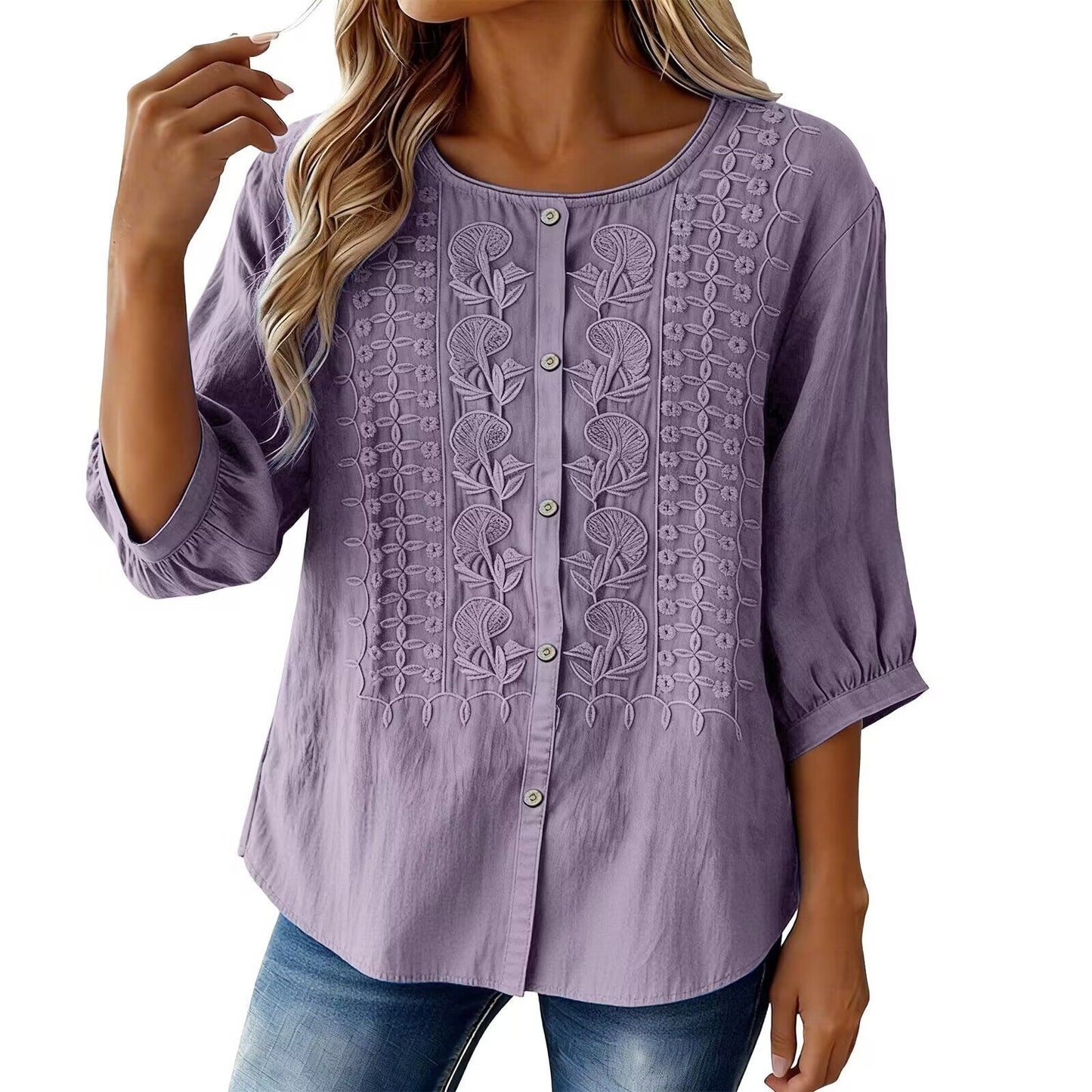 V-Neck Short Sleeve Cotton Linen Shirt, Heavy Embroidery Casual Blouse NorixaFashion.com
