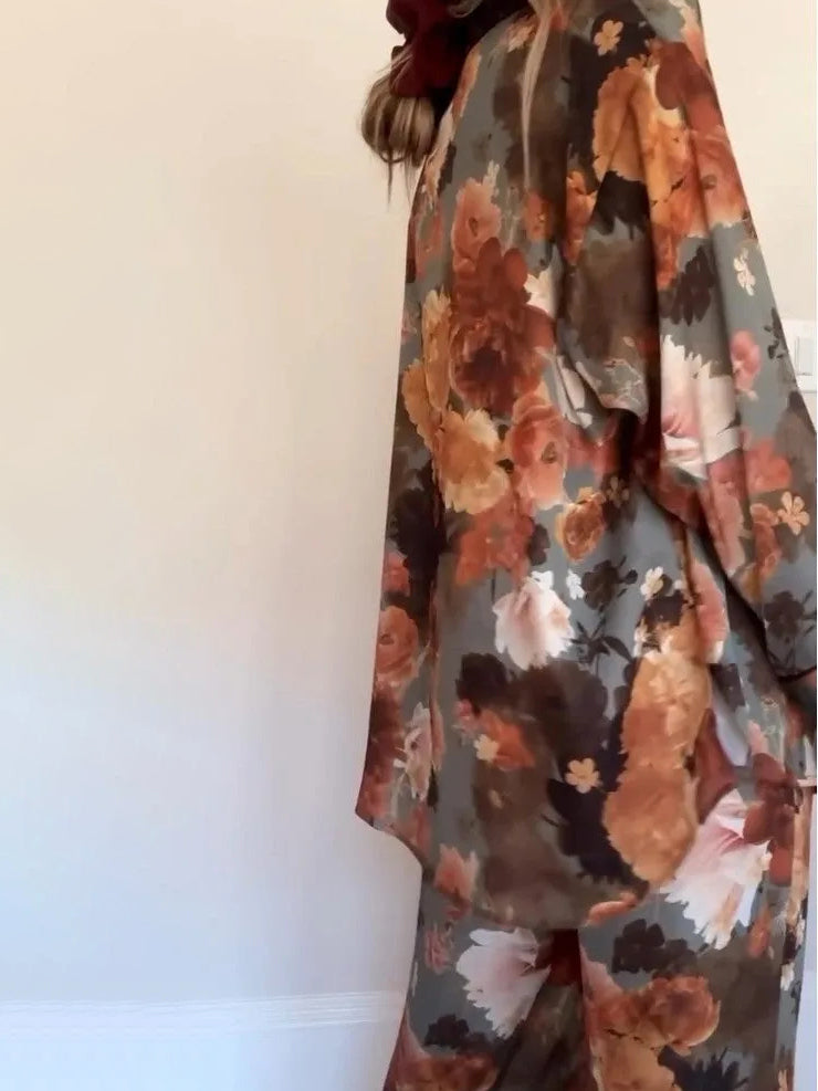 Vintage Floral Print Satin Pajama Set NorixaFashion.com