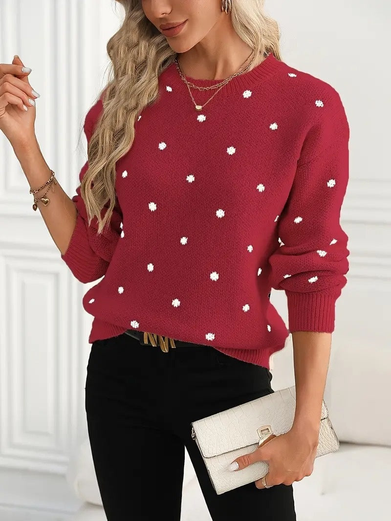 Ins Polka Dot Print Pullover Sweater Fashion Casual Long-sleeved Jacquard Knitted Top Winter Round Neck Clothing For Women Best YouTube Store