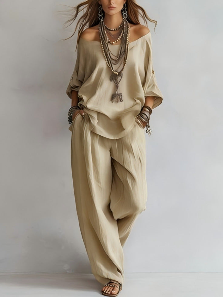 Off-shouder Suits Fashion Three-quarter Sleeves Top And Loose Pockets Wide-Leg Pants Set Women's Clothing NorixaFashion.com