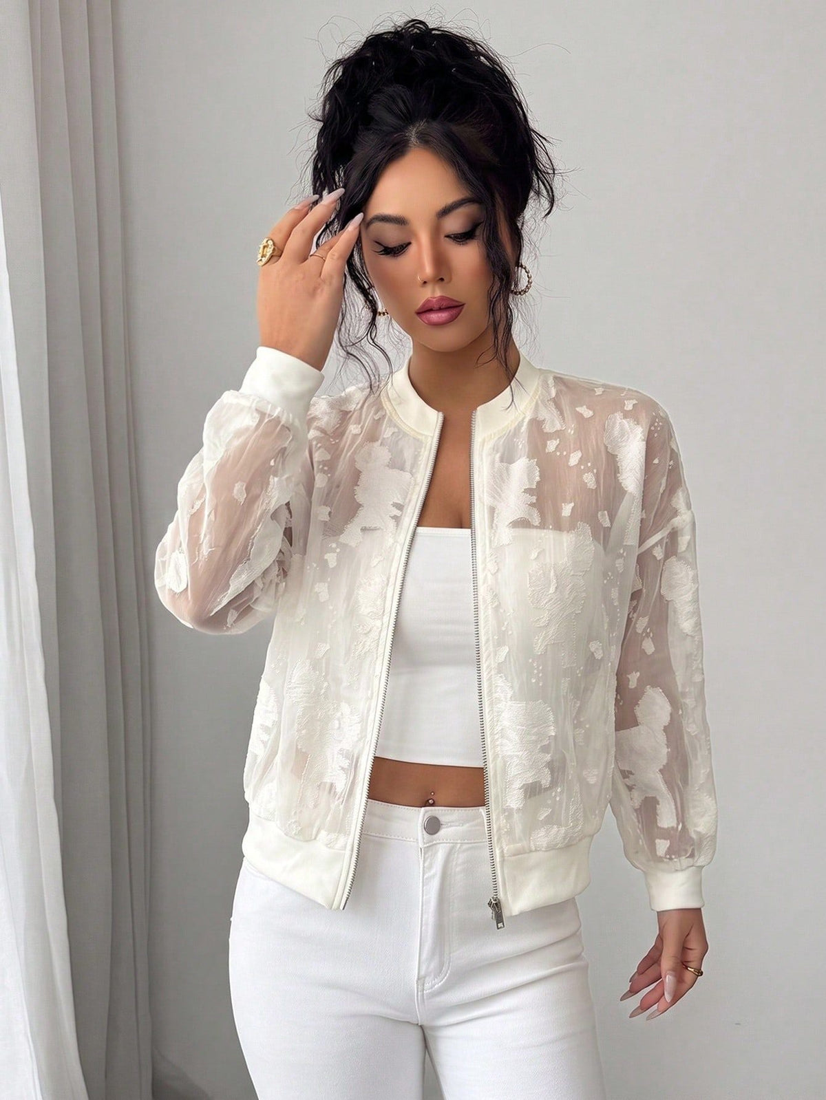 European And American Cross-border 2026 Autumn New Jacquard Jacket Semi-transparent Loose Zipper Rib Collar Cuff Jacket NorixaFashion.com