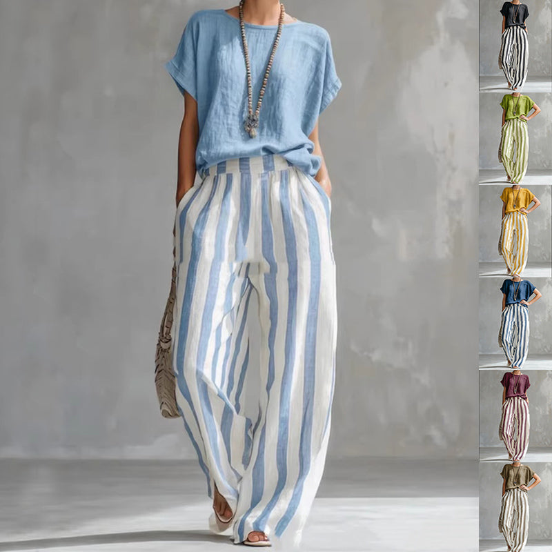 Short-sleeved Trousers Suit Summer Fashion Round Neck Pullover T-Shirt And Striped Print Straight Leg Pants Two-Piece Clothing For Women Best YouTube Store