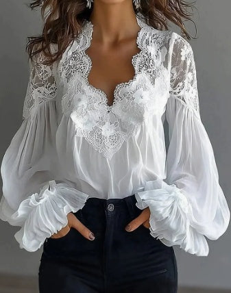 Women's Lace-trimmed Puff-sleeved Pleated Shirt NorixaFashion.com