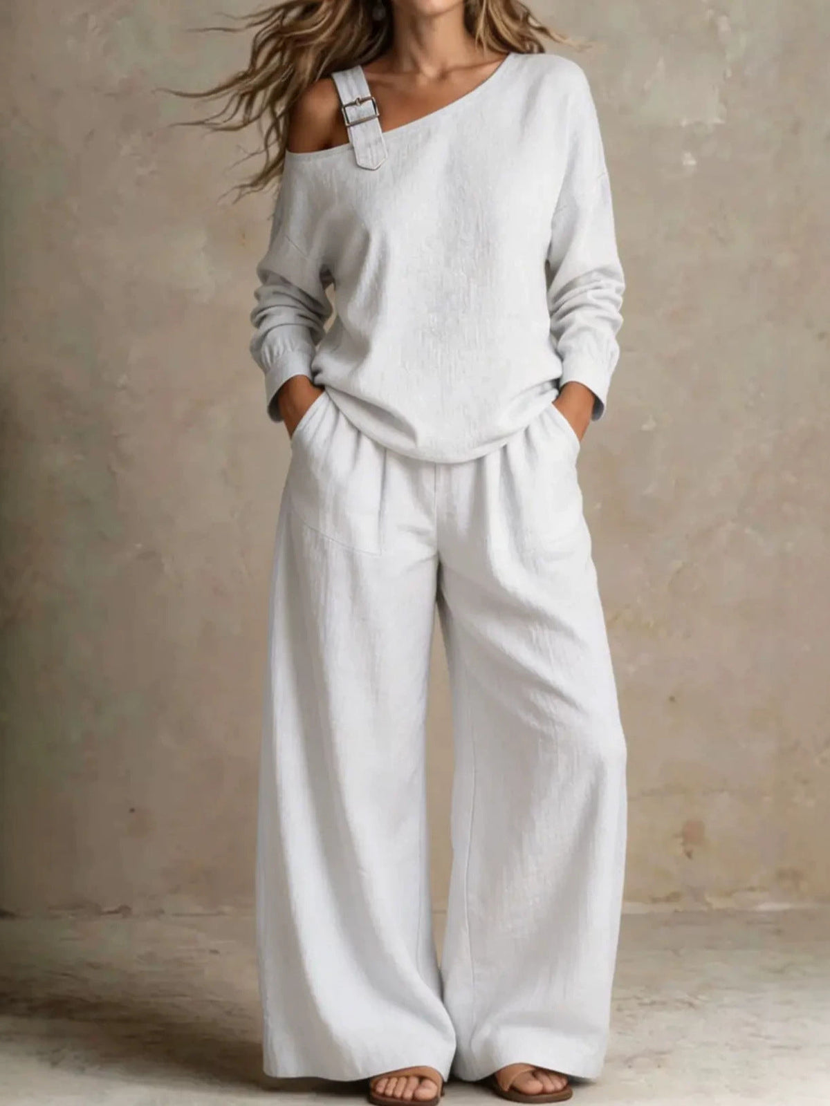 2026 Site Hot-Selling Women's Casual Loose Fashion One-Shoulder Linen Blend Two-Piece Set NorixaFashion.com