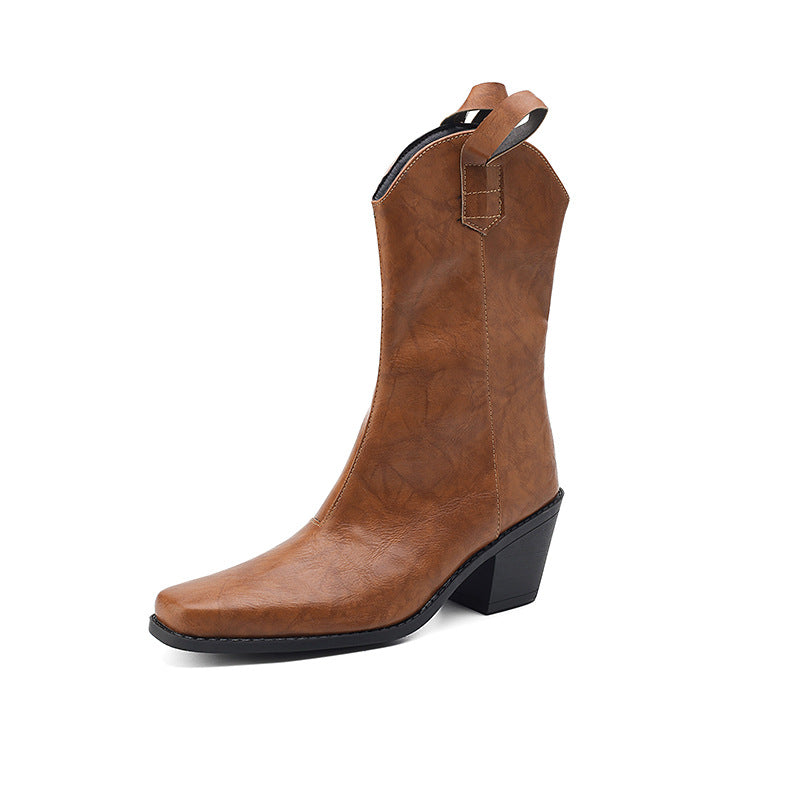 Retro Square-toe V-cut Mid-calf Boots With Chunky Heels LadyShow.Store