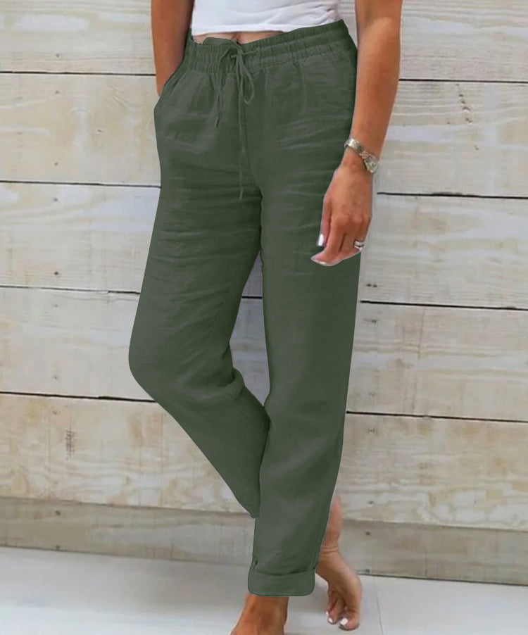 Elastic Waist Solid Cotton Hemp Pants NorixaFashion.com