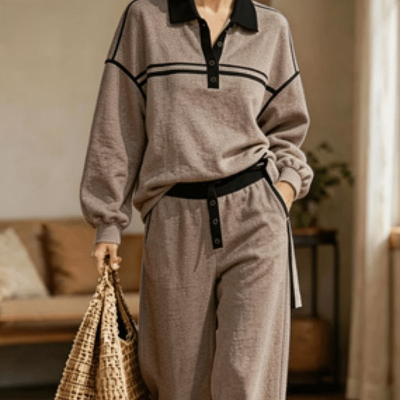 Collared Top And Loose Wide-leg Pants Set NorixaFashion.com