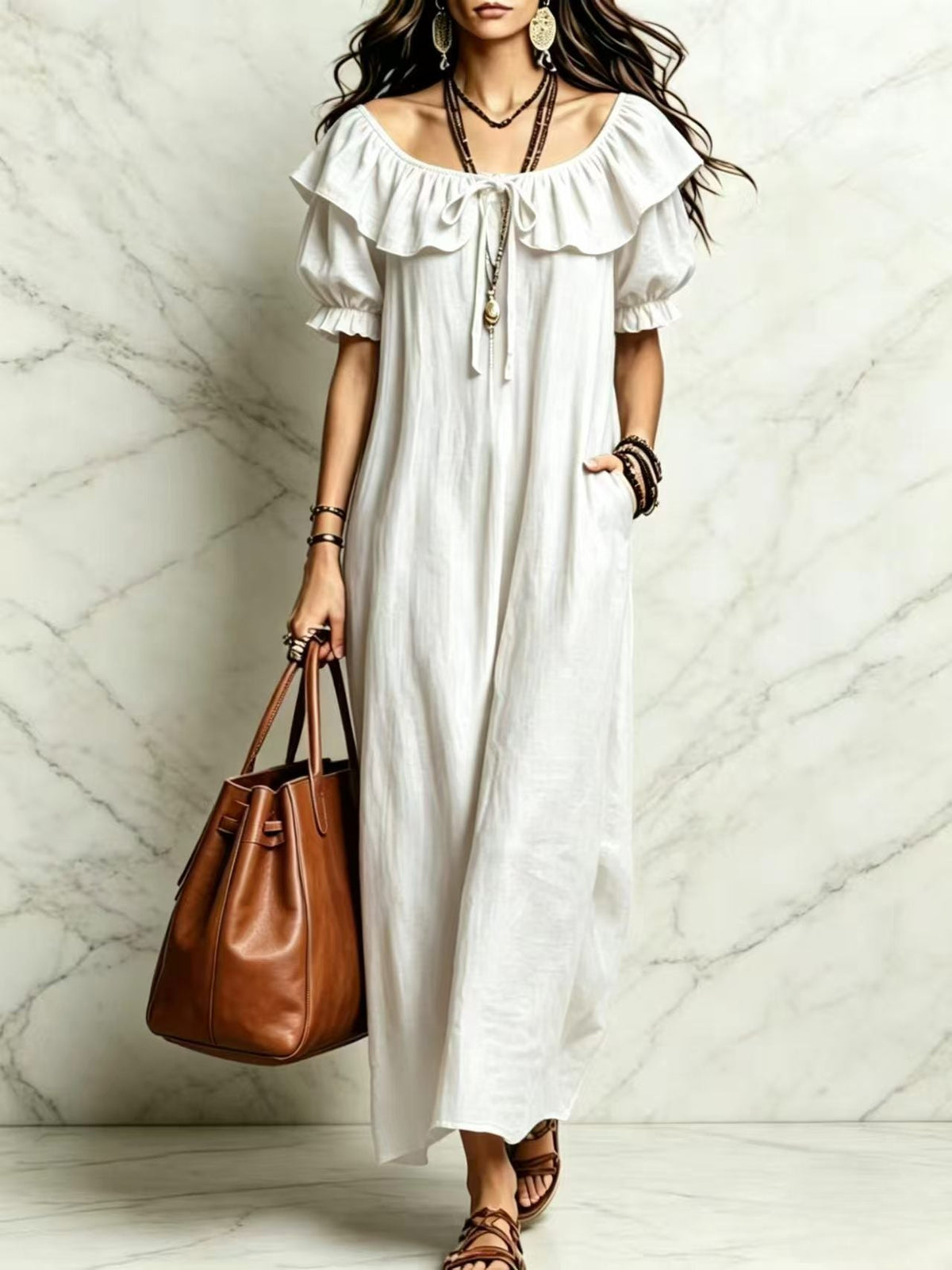Summer 2026 Women's New Round Neck Ruffled Casual Seaside Vacation Dress From Europe And America NorixaFashion.com