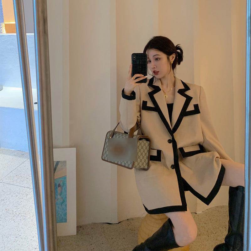 Stylish French Style Color Block Blazer Jacket for Women Pi-Mart