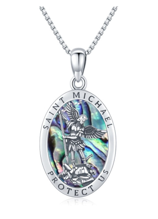 Abalone Shell Saint Michael Pendant Necklace in 925 Sterling Silver LadyShow.Store